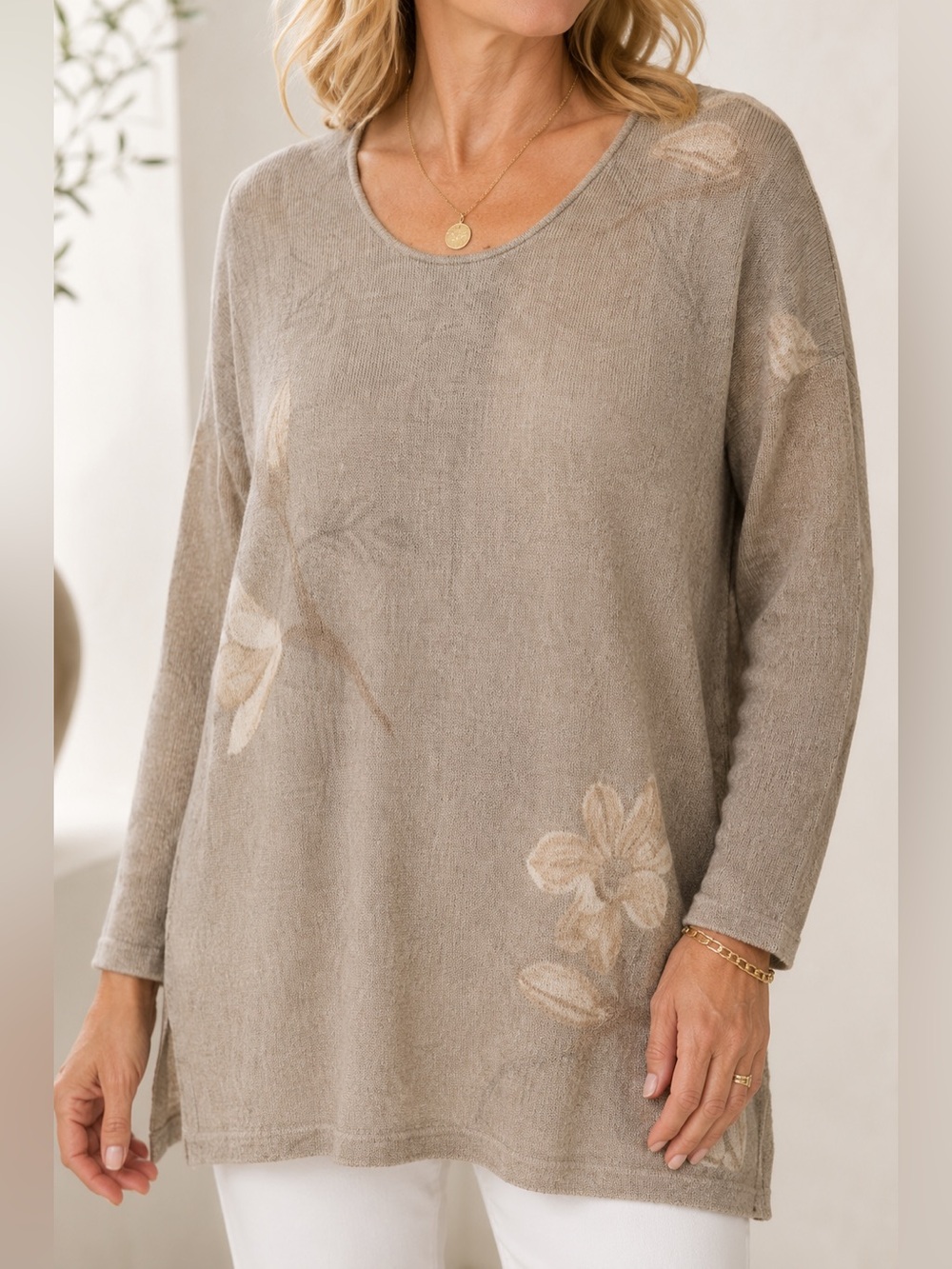 Gabrielle T Made in Italy Linen Blend Floral Knit Tunic Sweater L Lagenlook